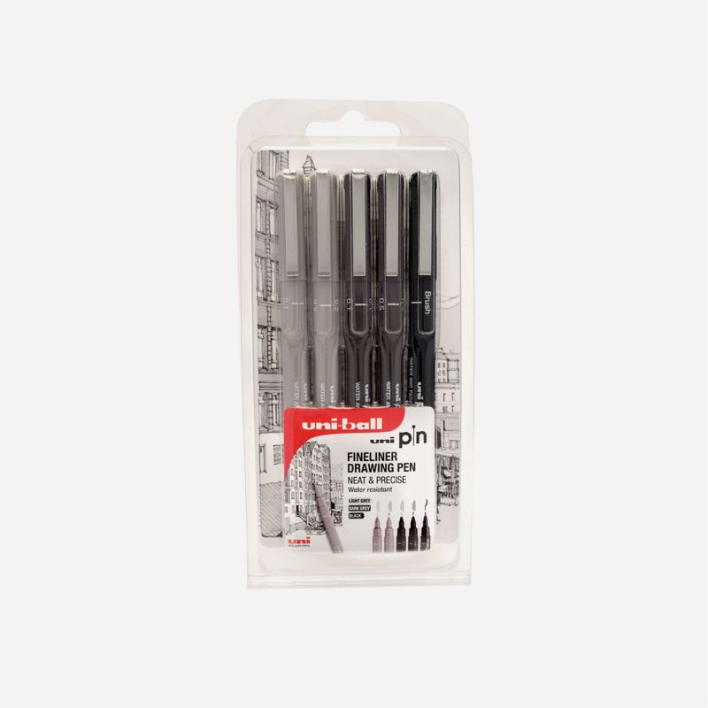 Uni Pin Fineliner Set Da 3 Penne Da Disegno – Punta 0,1mm, 0,5mm E Pennello, Inchiostro Grigio Scuro, Resistente All'Acqua E UV, Per Artisti E Illustratori