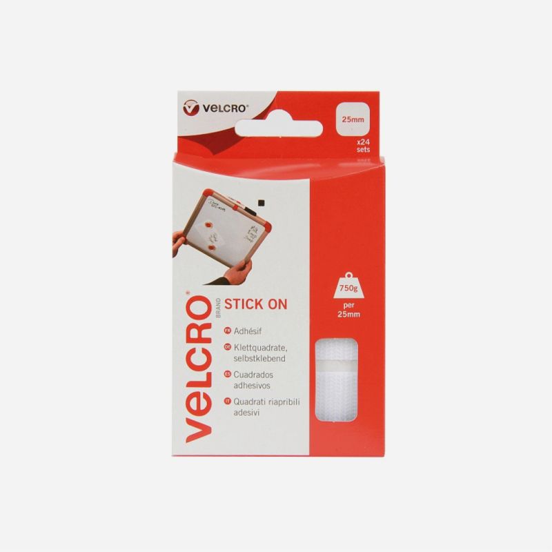 VELCRO&reg; BRAND STICK ON SQUARES 25mm WHITE H & L 24 60235