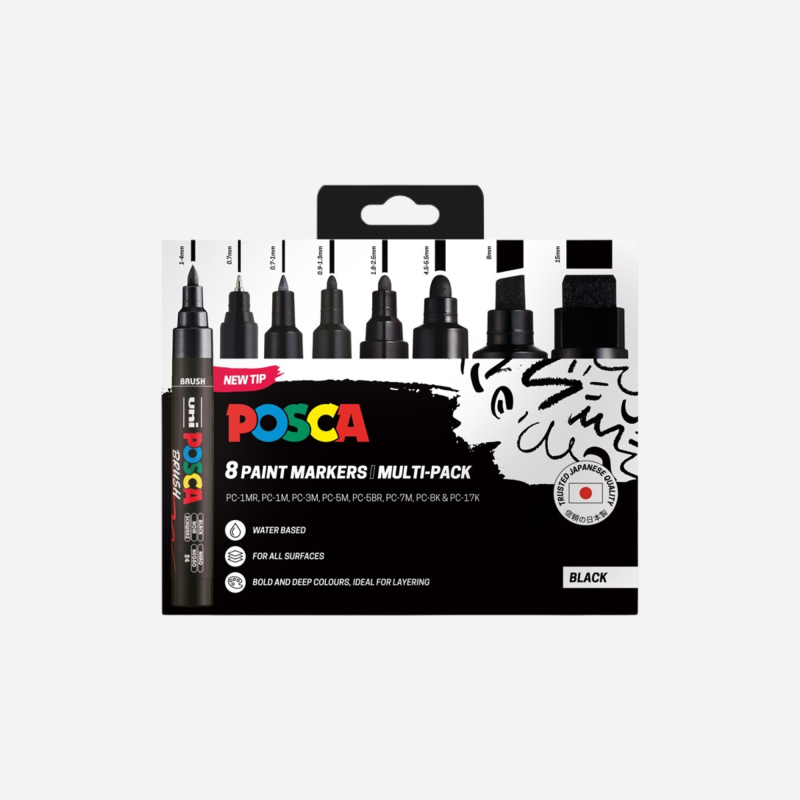 POSCA MARKERS BLACK 8PC ASST SET