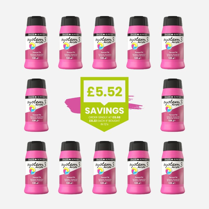 DALER ROWNEY SYSTEM 3 ACRYLIC 500ml FLUORO PINK – BULK PACK OF 12