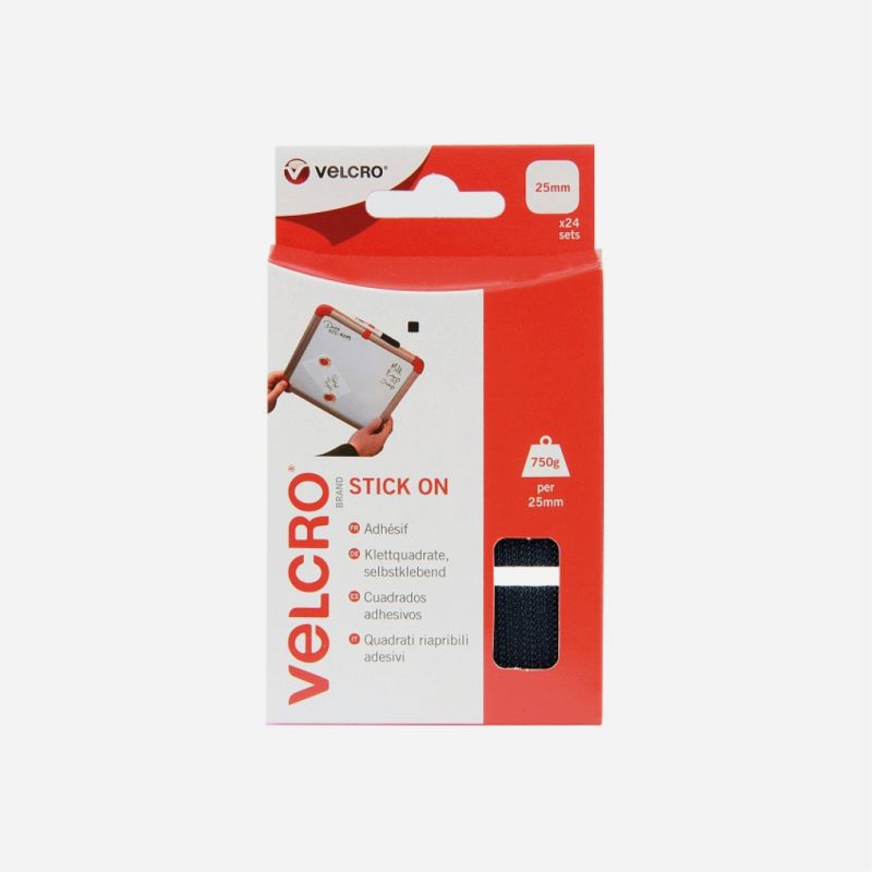 VELCRO&reg; BRAND STICK ON SQUARES 25mm BLACK H & L 24 60236