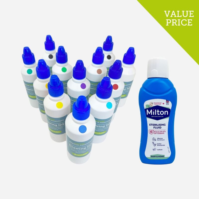 ABACUS ESSENTIAL DRAWING INK 12 X 500ML + MILTON STERILISING FLUID