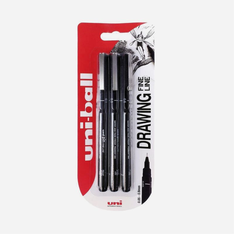 UNI PIN FINELINE 3 PEN WALLET BLACK 01, 03, 05