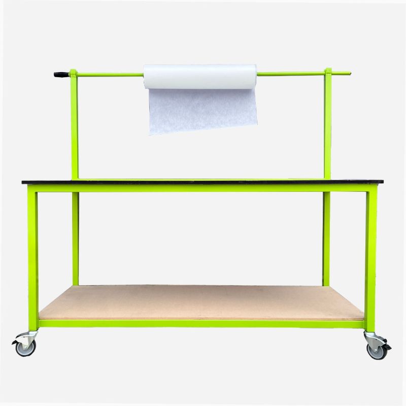 MOBILE PATTERN CUTTING TABLE - FABRIC ROLL HOLDER & LOWER SHELF, 4 LOCKABLE CASTORS